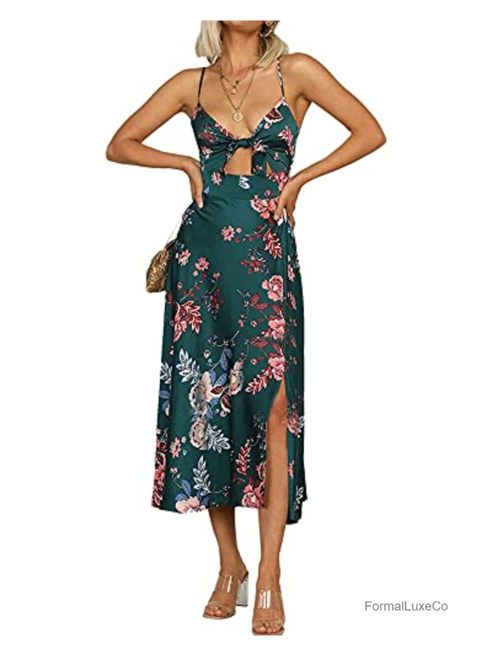 Women Spaghetti Strap Midi Satin Dress Tie Front Slit Cutout